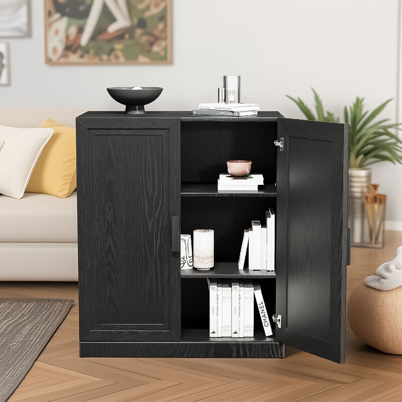 Black Wood Grain Buffet Cabinet, Storage Organizer with Adjustable Shelves and Rattan Doors image number 1