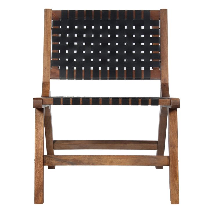 36 Inch Mango Wood Accent Chair, Woven Genuine Leather Seat, Walnut Brown, Black-Benzara