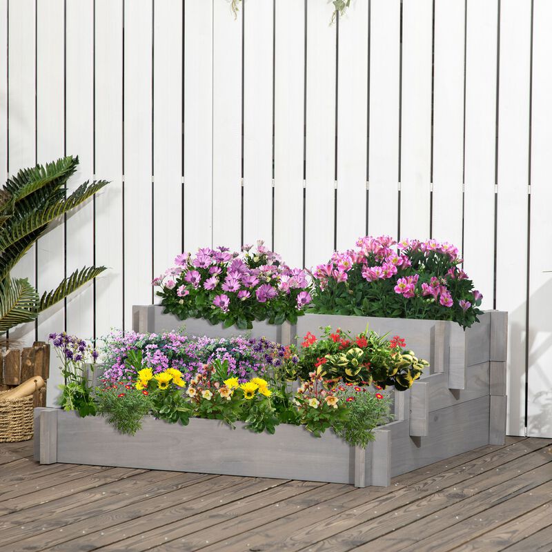 Outsunny 3-Tier Raised Garden Bed with 5 Compartments and Bed Liner, Elevated Wooded Wooden Planter Kit, for Vegetables, Herbs, Outdoor Plants, 37 x 37 x 14in, Gray