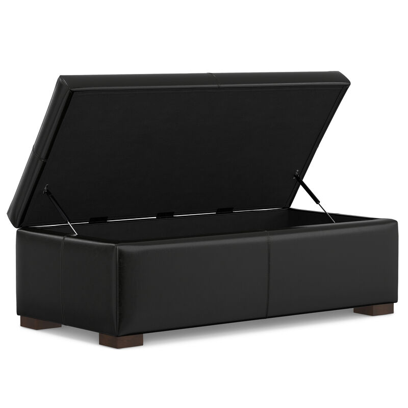 Gabbie 48 inch Wide Contemporary Rectangle Rectangular Storage Ottoman in Midnight Black PU Black faux leather, Assembled