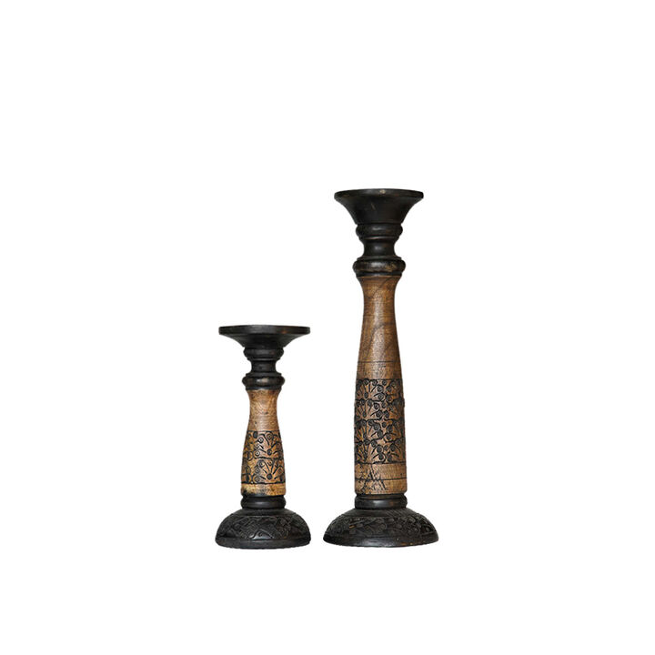 Traditional Black Wash Eco-friendly Handmade Mango Wood Set Of Two 9" & 15" Pillar Candle Holder