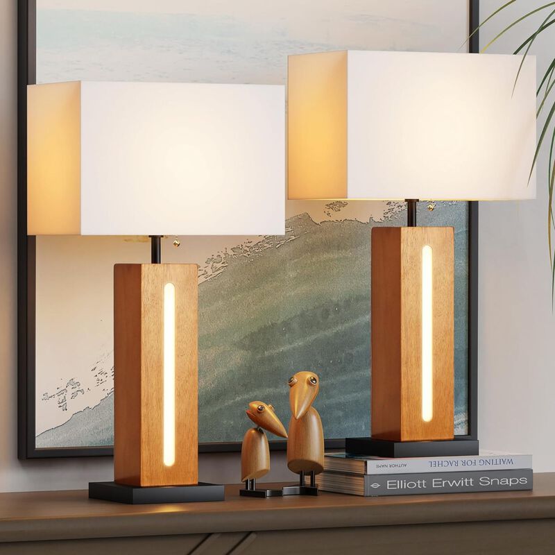 ELEMENT ACE Set of 2 Modern Dimmable Bedside Table Lamps with LED Nightlight, Rustic Farmhouse Nightstand Lamps with Linen Shades for Bedroom Living Room End Table image number 5