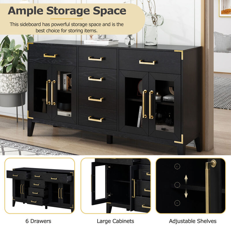 6drawer and 2Cabinet Retro Sideboard with Extra Large Storage Space, with Gold Handles and Solid Wood Legs, for Kitchen and Living Room (Black)