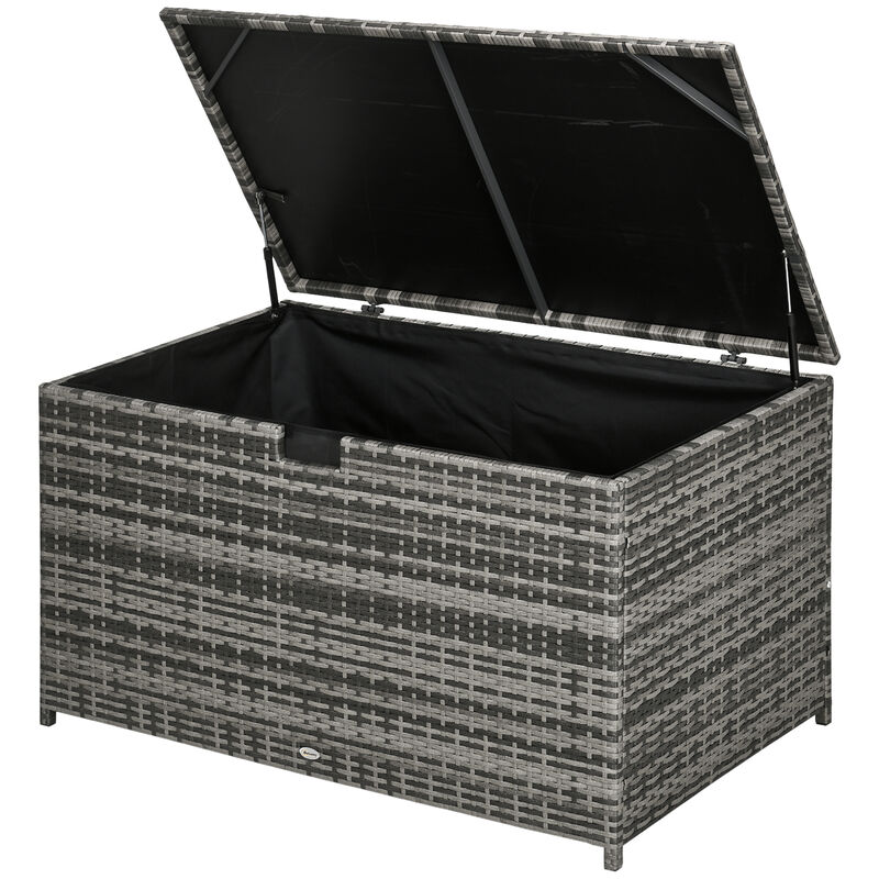 Outsunny Outdoor Deck Box, PE Rattan Wicker with Liner, Hydraulic Lift, and A Handle for Indoor, Outdoor, Patio Furniture Cushions, Pool, Toys, Garden Tools, Gray