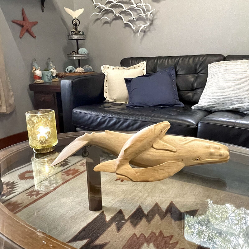 Beautiful Carved Teak Wood Humpback Whale and Baby Tabletop Statue 20 Inch image number 7