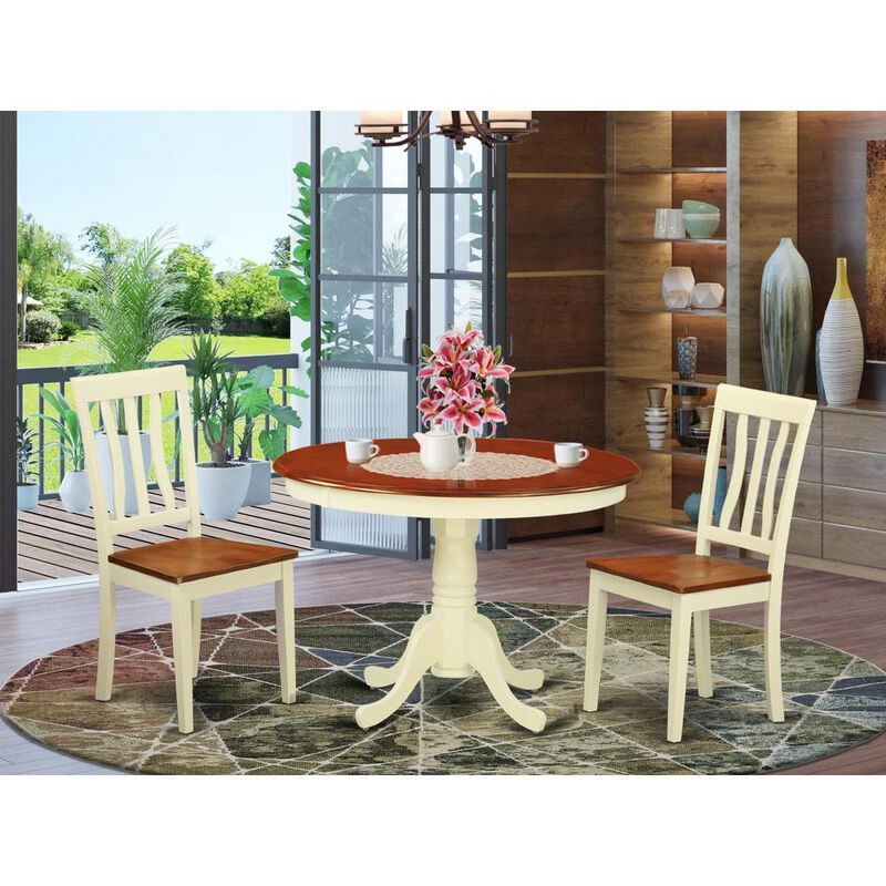 3 Pc set with a Round Dinette Table and 2 Wood Kitchen Chairs in Buttermilk and Cherry