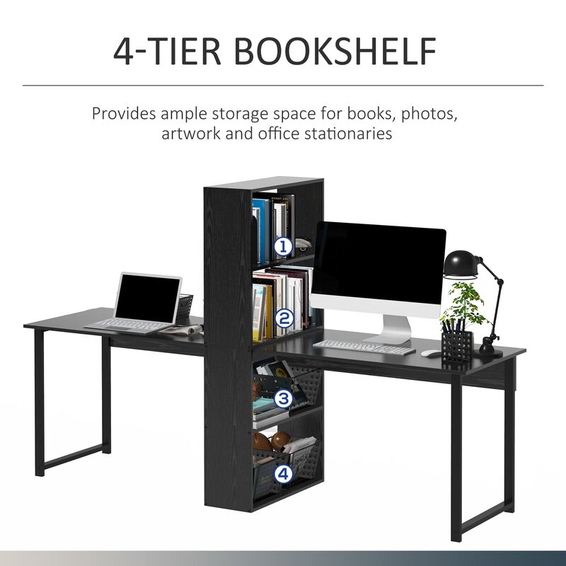 Black Shared Workspace: Extra Long 2-Person Desk with Bookshelf
