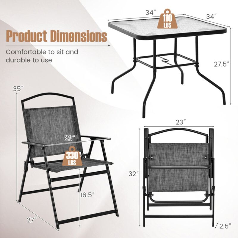 Mondawe 5-Piece Patio Dining Set,With 4 Foldable Chairs & Tempered Glass Table, Umbrella Hole