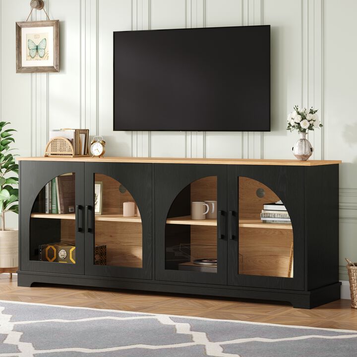 TATEUS Elegant Farmhouse Media Sideboard with Semi-Arched Glass Doors, 70" TV Stand Cable Management