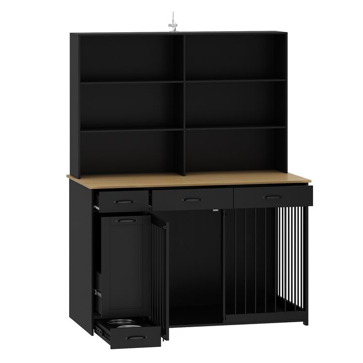 Dog House Furniture Style Dog Crate Storage Cabinet, Large Dog Crate With Shelf and Drawer and Drawer Dog Bowl, Black