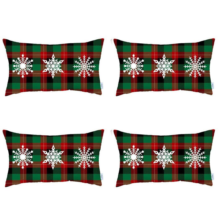 Homezia Set of 4 Christmas Snowflake Trio Plaid Lumbar Throw Pillows