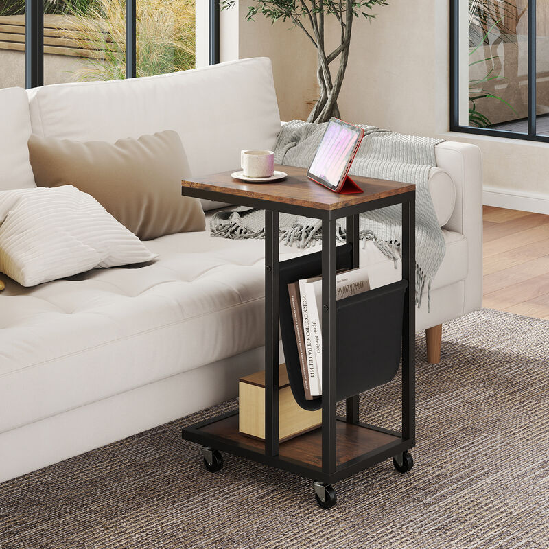 C-Shaped End Table with Metal Frame and Fabric Storage Pocket