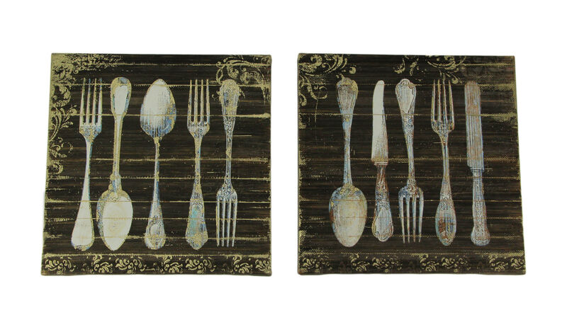 Vintage Finish Wood Look Antique Silverware Canvas Wall Prints 2 Piece Set image number 0