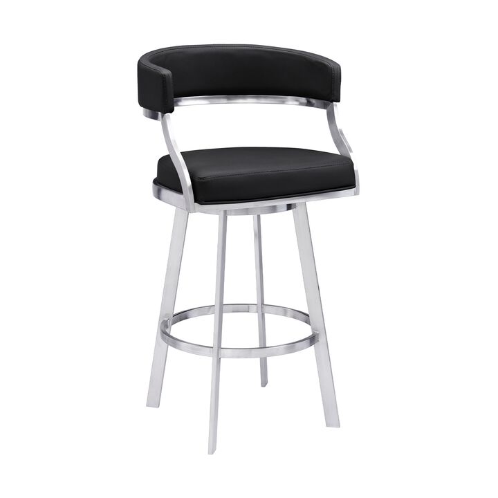 Ava 26 Inch Swivel Counter Stool Chair, Open Back Steel, Black Faux Leather - Benzara