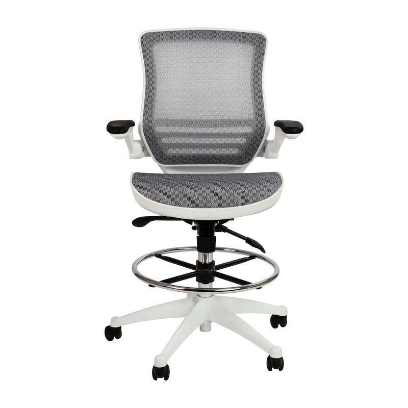 Flash Furniture Mid-Back Transparent Gray Mesh Drafting Chair with White Frame and Flip-Up Arms image number 6