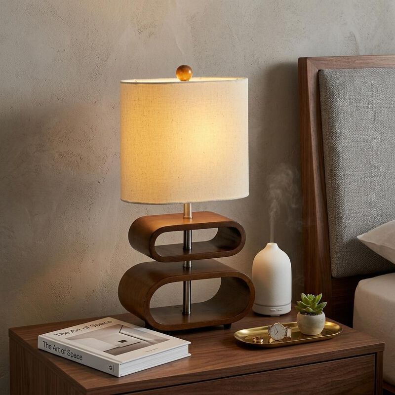 HomeRoots 19" Brown Retro Ovals Wood Bedside Lamp With Natural Shade image number 1