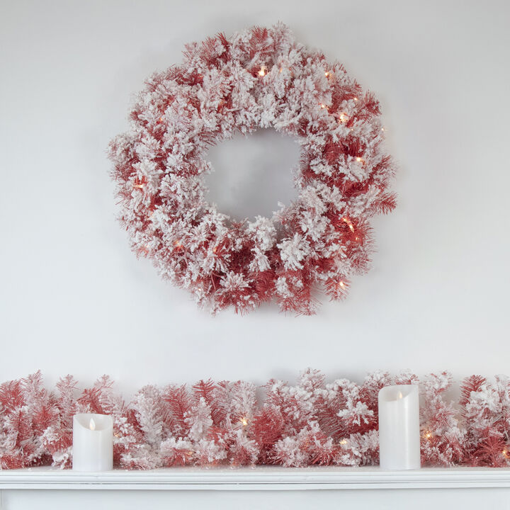 Pre-Lit Flocked Red Artificial Christmas Wreath  36 Inch  Clear Lights