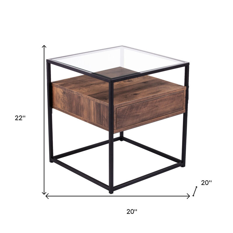 Hivvago 22 Inch Black Glass And Iron Square End Table With Drawer With Shelf
