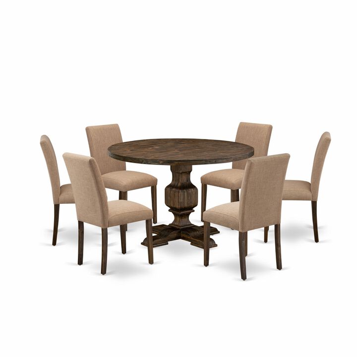 East West Furniture I3AB7-747 7Pc Kitchen Set - Round Table and 6 Parson Chairs - Distressed Jacobean Color