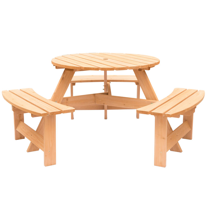 Wooden Outdoor Round Picnic Table with Bench for Patio, 6- Person with Umbrella Hole - Stained