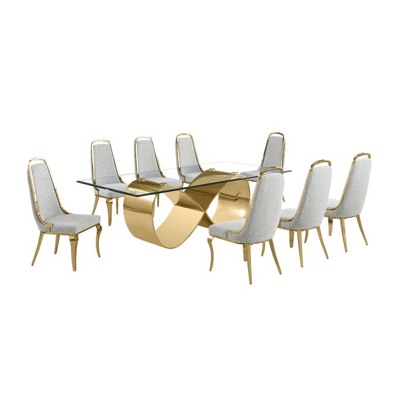 Best Quality Furniture 9Pc Tempered Glass Dining Set 8 Rich Gray Boucle Side Chairs And A Gold Base