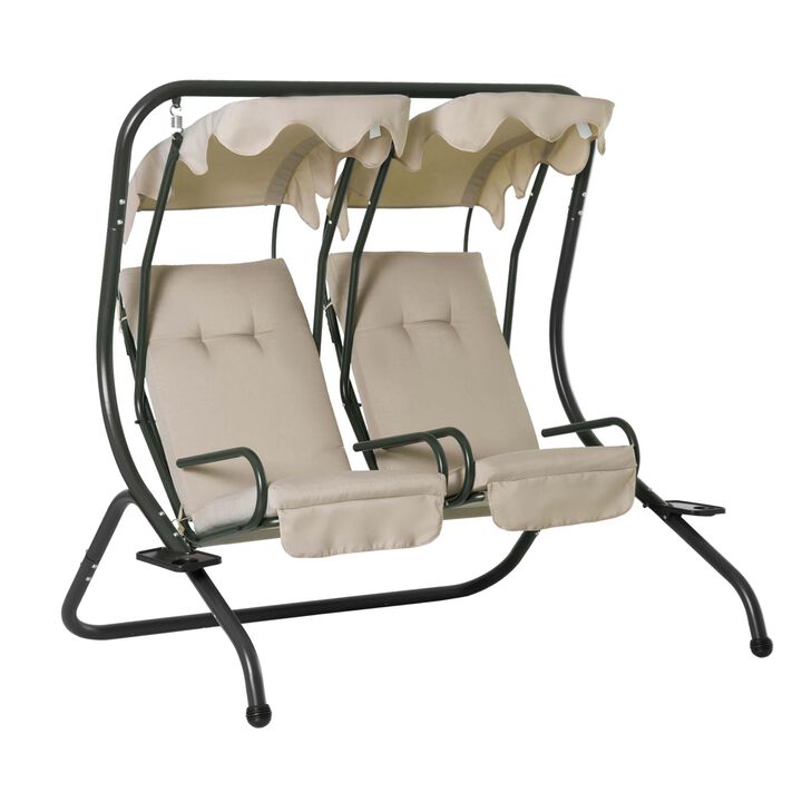 Outsunny Patio Swing Chair with 2 Separate Seats, Outdoor Swing Glider with Removable Canopy and Cup Holders, for Porch, Garden, Poolside, Backyard, Beige