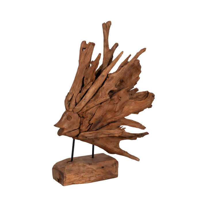 30" Teak Wood Fish On Stand, Light Natural