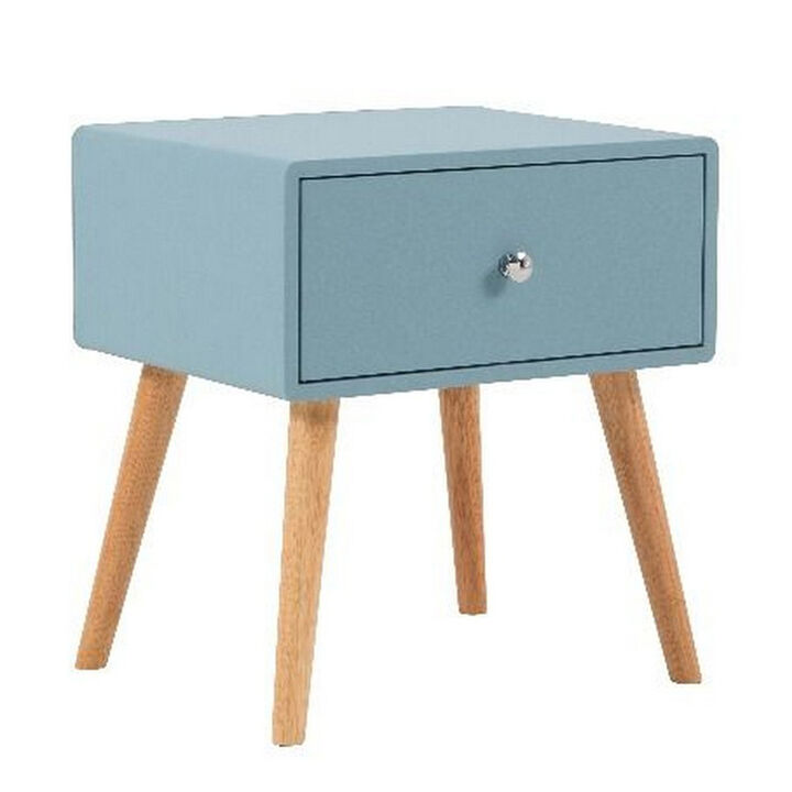 1 Drawer Wooden Nightstand with Round Tapered Legs, Blue and Brown-Benzara