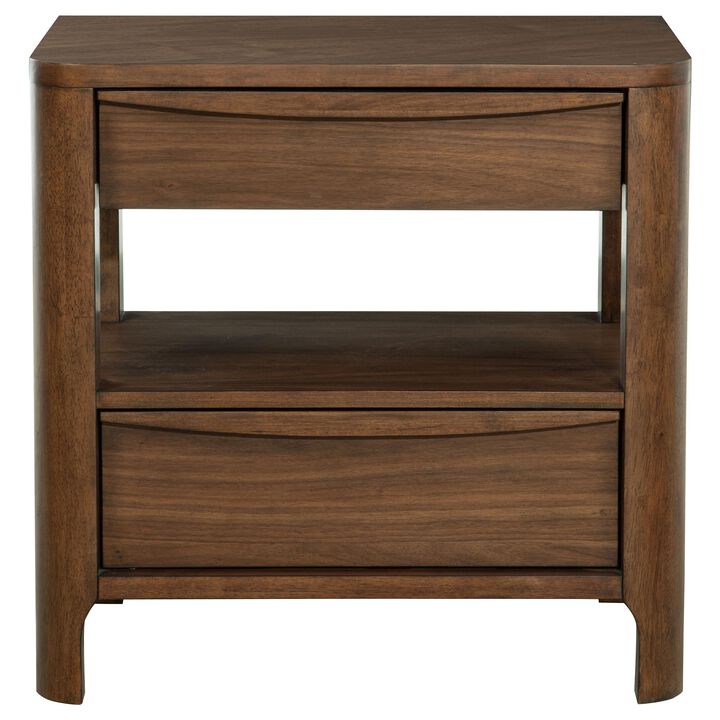 Rie Nightstand w 2 Drawers and Lower Shelf, Walnut Brown Poplar Wood - Benzara