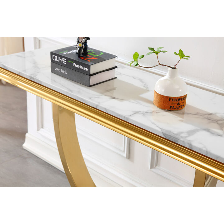 Modern Rectangular White Marble Console Table, 0.71" Thick Marble Top, U-Shape Stainless Steel Base with Gold Mirrored Finish