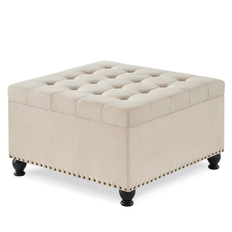 Streamdale Beige upholstered storage ottoman with wooden legs image number 0