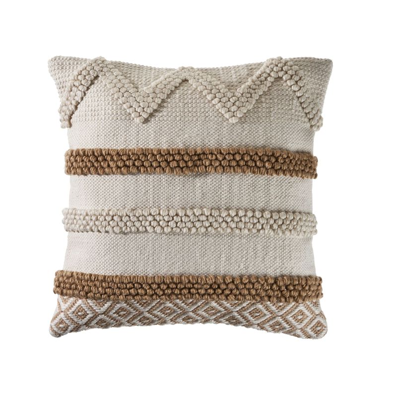20" Beige and White Textured Square Throw Pillow