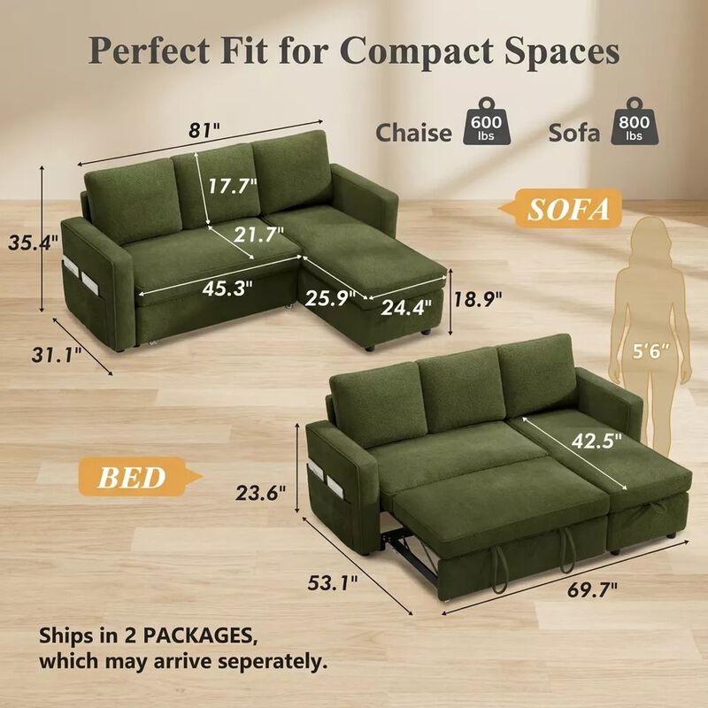 81" Sleeper Sofa Bed, 2 in 1 Pull Out Couch, Sectional Sofa with Reversible Storage, Side Pockets image number 3