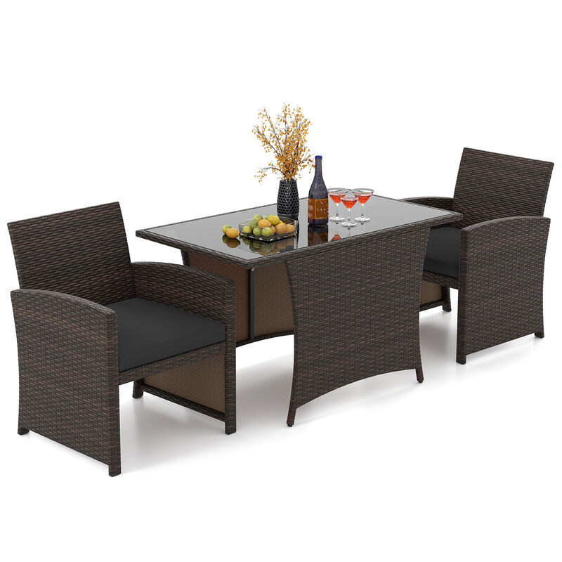 3 Piece Patio Wicker Dining Set with Rectangle Tempered Glass Dining Table