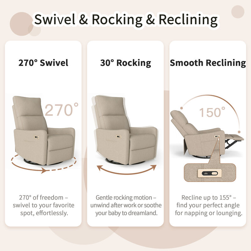 Power Swivel Recliner Rocking Chair,  270&deg; Swivel Rocker Chair, Upholstered Fabric Glider Recliner Nursery image number 5