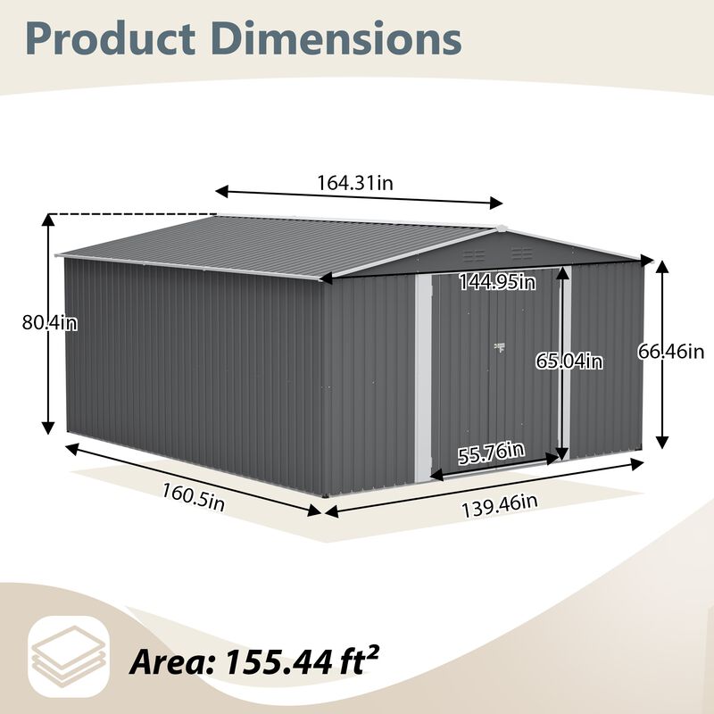 12x14 FT Metal Storage Shed, Lockable Double Door Tool Shed, Light Gray image number 3
