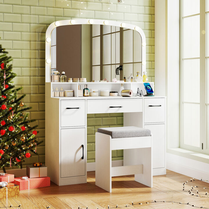 Makeup Vanity Table with Stool 3 Color Lighting and Charging Station