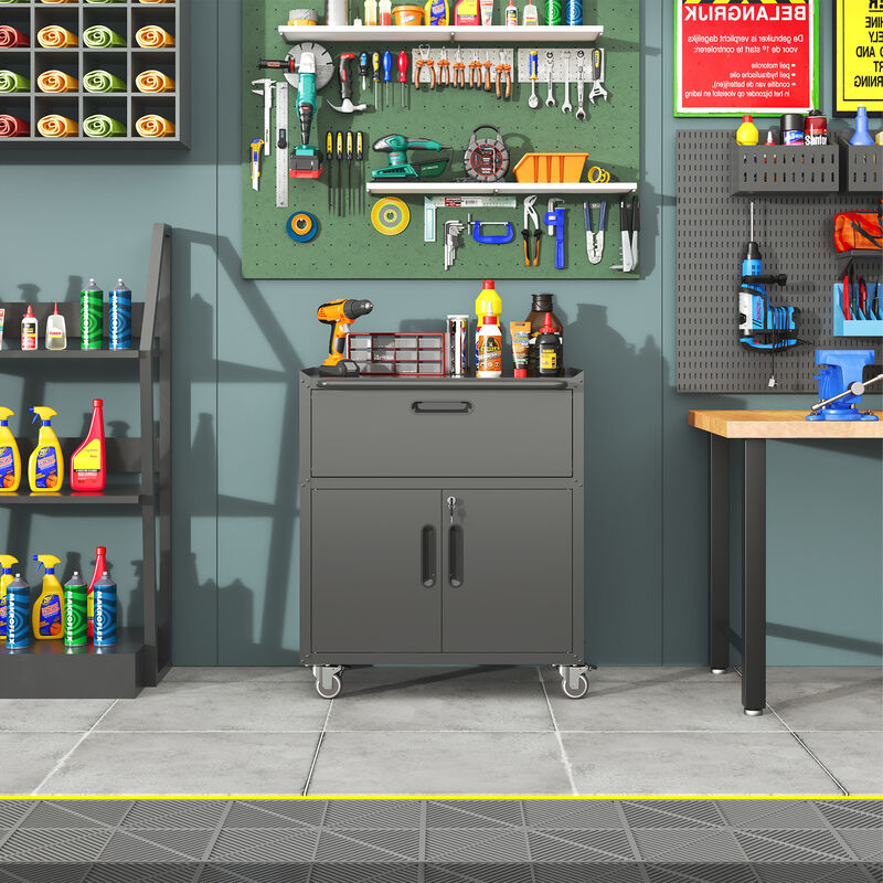 Mondawe Modern Metal Tool Cabinet, Black Grey Mobile Heavy-Duty Storage Cabinet With Wheels