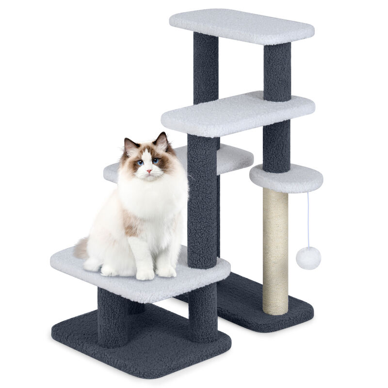 Cat Tree Tower 2-in-1 with Scratching Posts, Cat Stairs, and Hanging Toy Ball-Grey image number 3