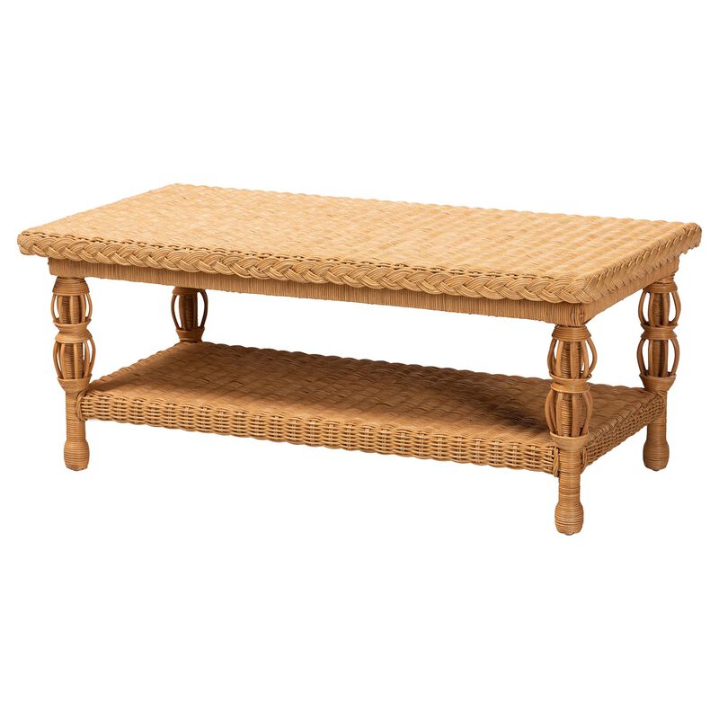 bali & pari Dolby Natural Rattan Coffee Table - Handwoven Wicker Accent Table with Lower Shelf, Coastal Boho Style Living Room Centerpiece