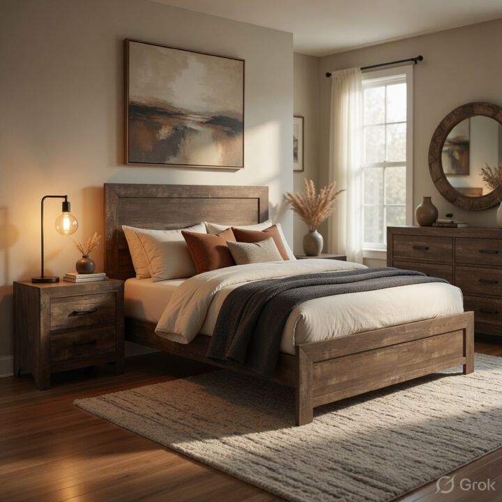 Queen Size Bedroom Set, Brown Finish, Panel Design, 2-Piece Set with Bed and Nightstand