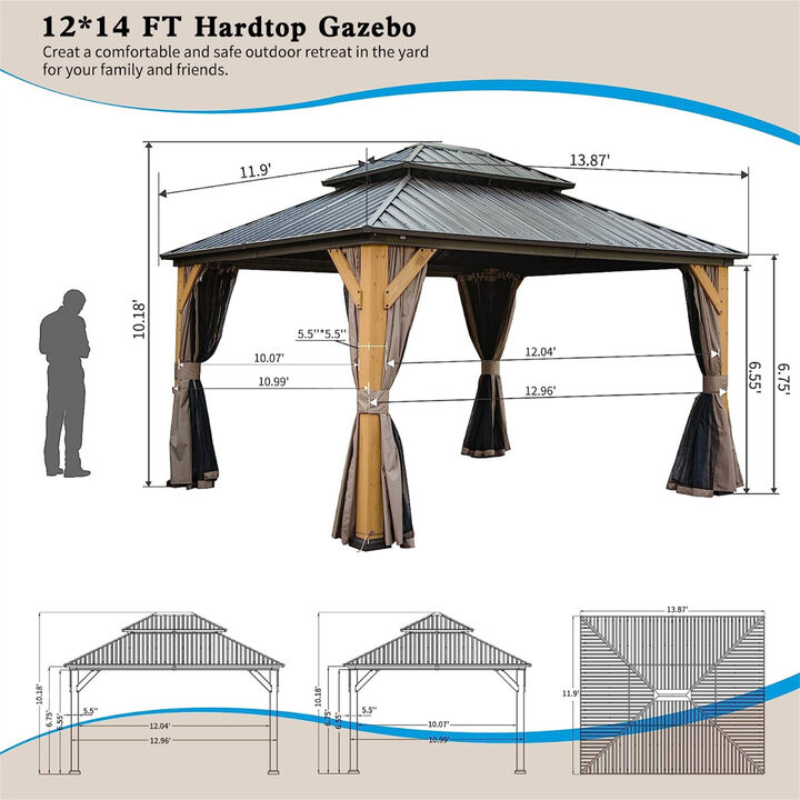 12'x 14' Hardtop Gazebo, Outdoor Cedar Wood Frame Canopy with Galvanized Steel Double Roof, Outdoor Permanent Metal Pavilion with Curtains and Netting for Patio, Backyard and Lawn(Brown)