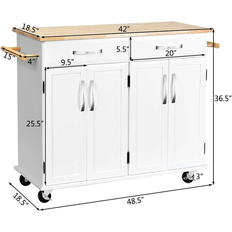 Kitchen Cart Island with Top, 2 Drawers, and Bottom Storage Cabinet for Efficient Kitchen Organization