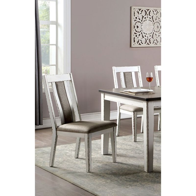 Classic Weathered White / Warm Gray Set of 2 Side Chairs Fabric Unique Back Solid wood Chair Upholstered Seat Kitchen Rustic Dining Room Furniture