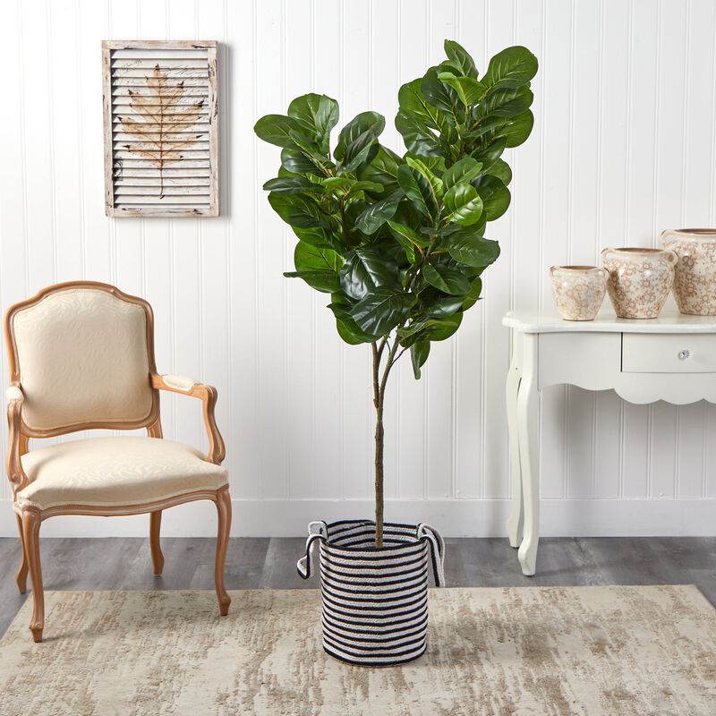 Hivvago 6 Feet Fiddle Leaf Fig Artificial Tree in Handmade Black and White Natural Jute and Cotton Planter