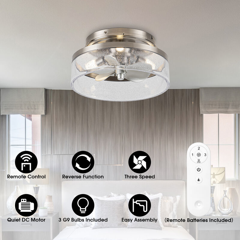 12.6" Small Satin Nickel Flush Mount Ceiling Fan with Light