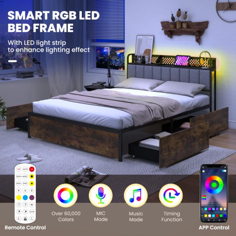 Hivvago Bed Frame with LED Lights, Upholstered Headboard and 4 Storage Drawers