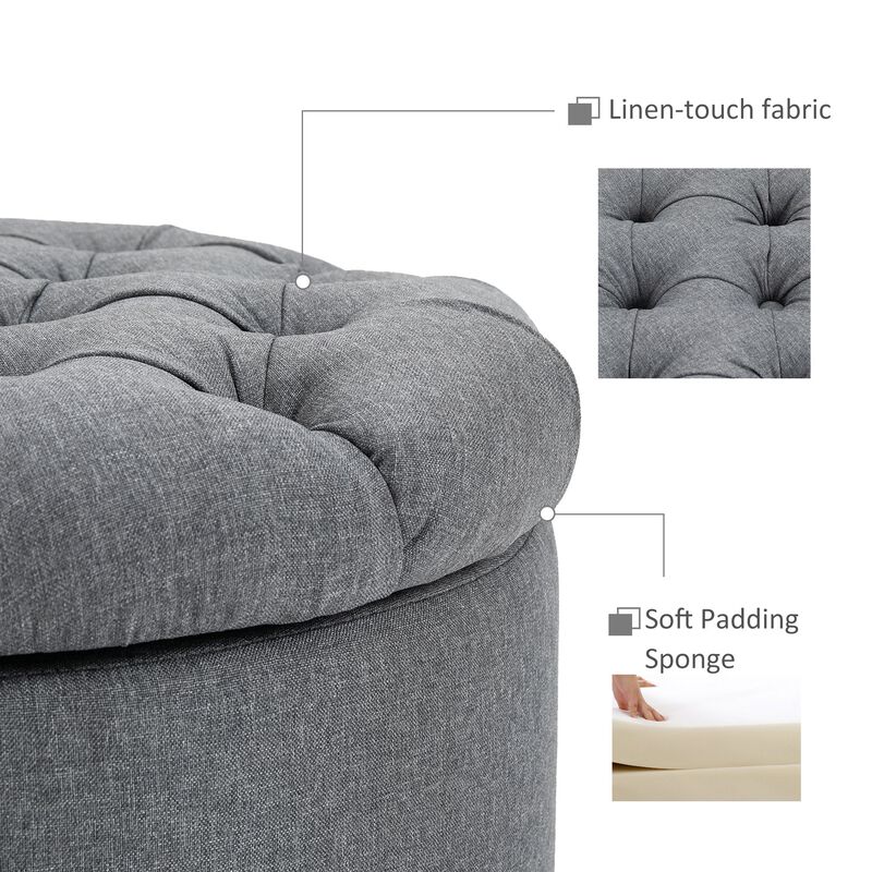 Grey Living Room Storage: Round Tufted Linen Ottoman Bench