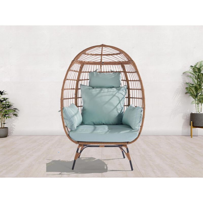 Wicker Egg Chair, Oversized Indoor Outdoor Lounger for Patio, Backyard, Living Room w/ 5 Cushions, Steel Frame, 440lb Capacity Light Blue