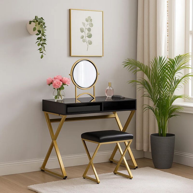 Vanity Desk with Round Mirror and Cross Metal Legs, Black and Gold